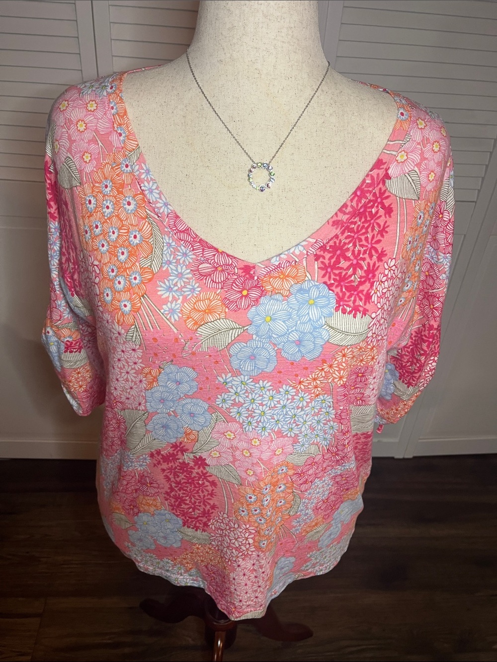 Talbots Pink Floral V-Neck Top with Blue and Orange Accents